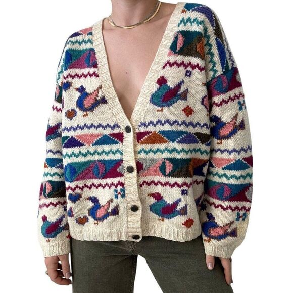Vintage Robert Scott Hand Knit 100% Wool Duck Rainbow Retro Chunky Cardigan 38 - Picture 2 of 11